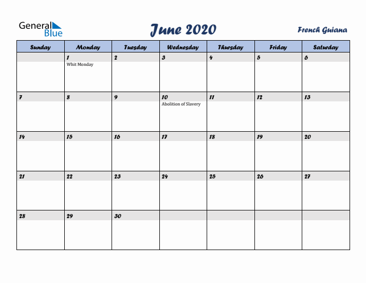 June 2020 Calendar with Holidays in French Guiana