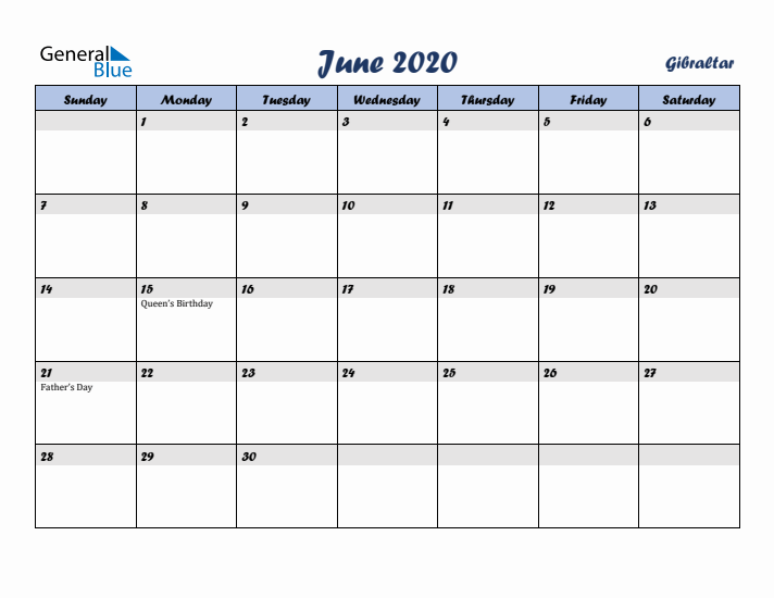 June 2020 Calendar with Holidays in Gibraltar