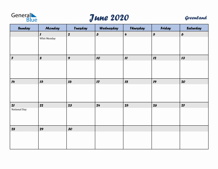 June 2020 Calendar with Holidays in Greenland