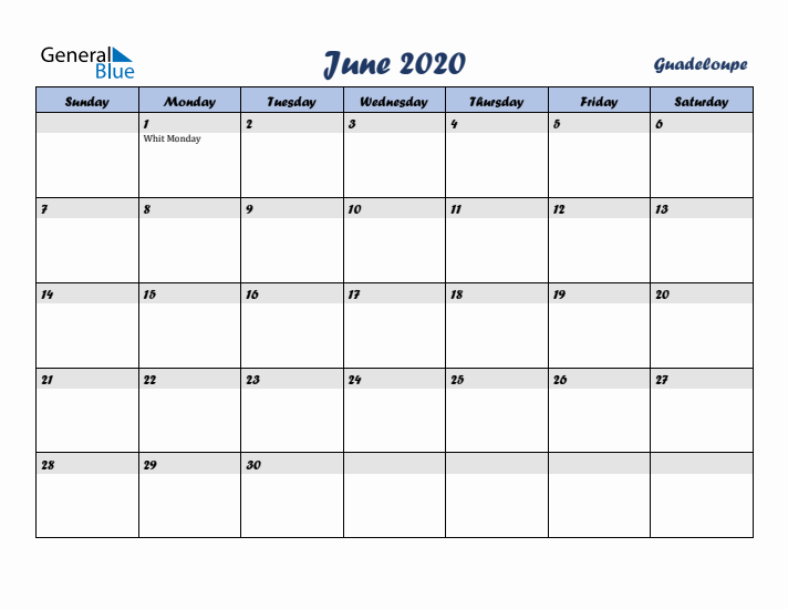 June 2020 Calendar with Holidays in Guadeloupe