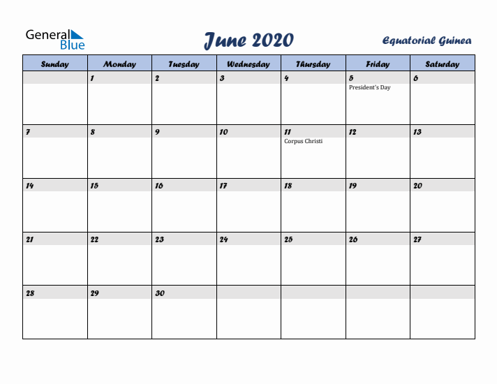 June 2020 Calendar with Holidays in Equatorial Guinea