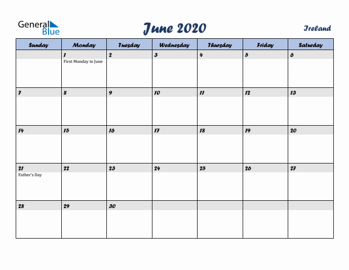 June 2020 Calendar with Holidays in Ireland