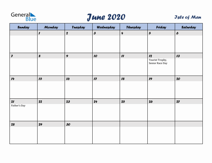 June 2020 Calendar with Holidays in Isle of Man