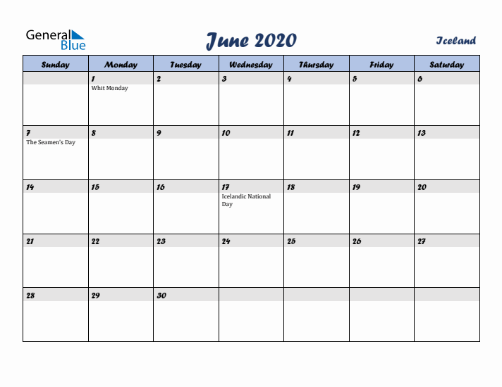 June 2020 Calendar with Holidays in Iceland