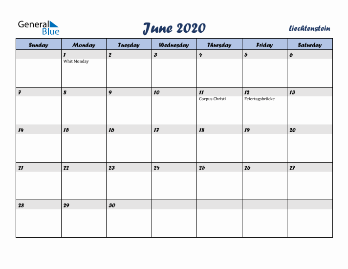 June 2020 Calendar with Holidays in Liechtenstein