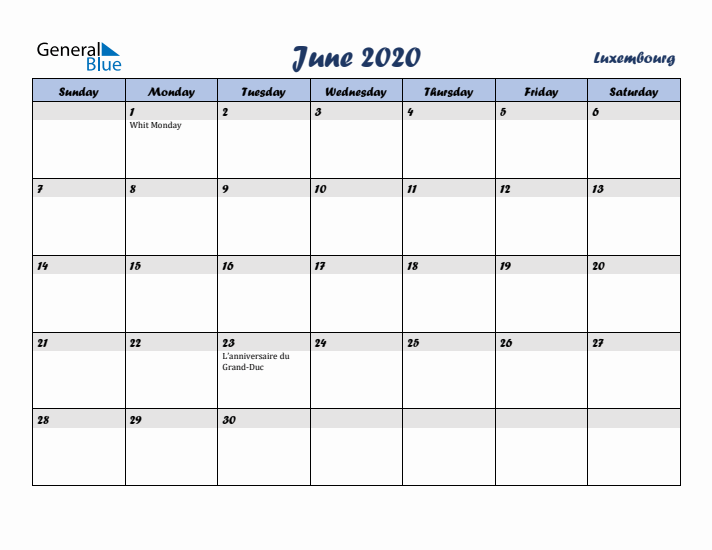 June 2020 Calendar with Holidays in Luxembourg