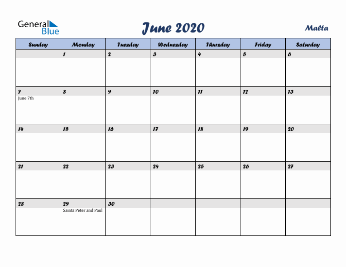 June 2020 Calendar with Holidays in Malta