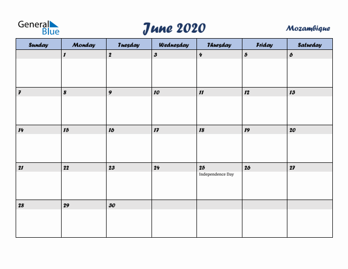 June 2020 Calendar with Holidays in Mozambique