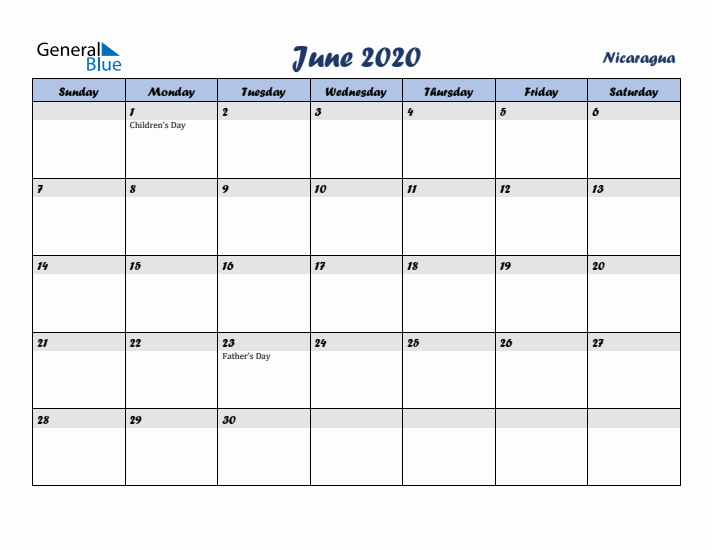 June 2020 Calendar with Holidays in Nicaragua