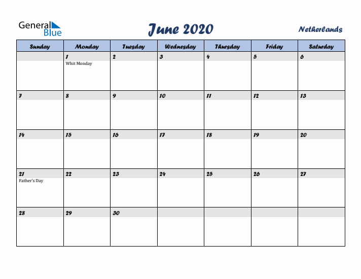 June 2020 Calendar with Holidays in The Netherlands