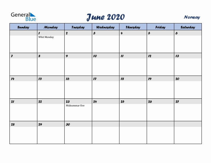 June 2020 Calendar with Holidays in Norway