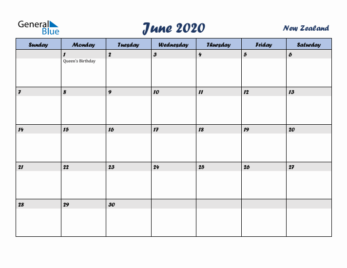 June 2020 Calendar with Holidays in New Zealand