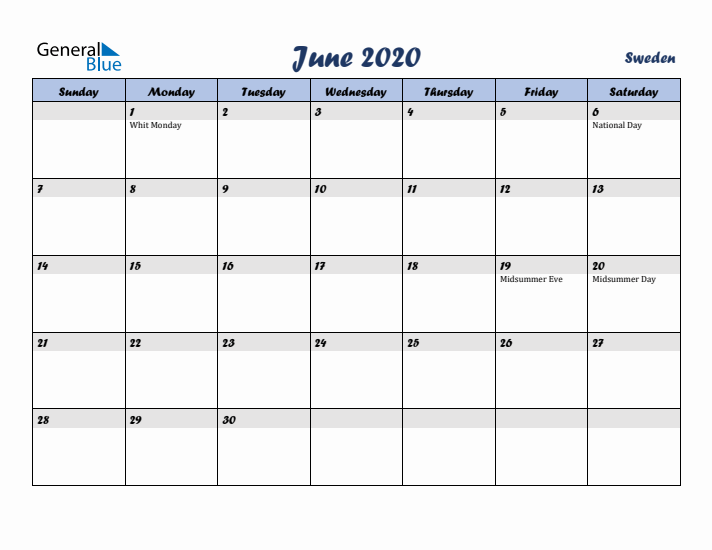 June 2020 Calendar with Holidays in Sweden