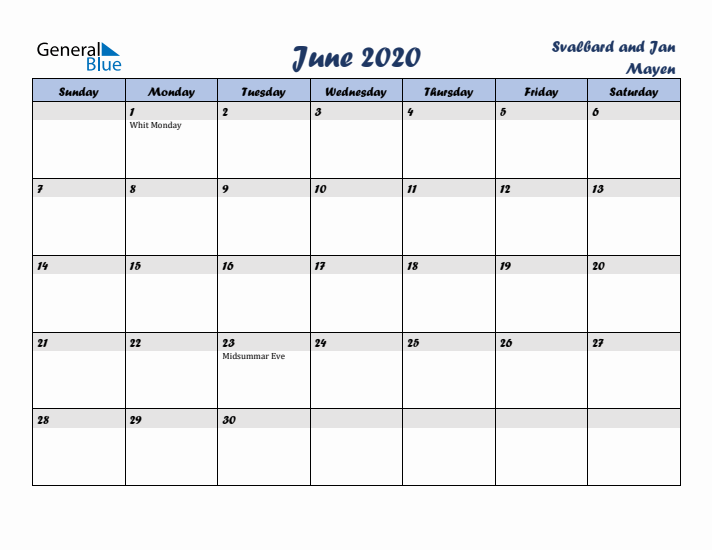 June 2020 Calendar with Holidays in Svalbard and Jan Mayen