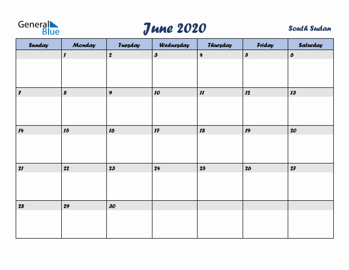 June 2020 Calendar with Holidays in South Sudan