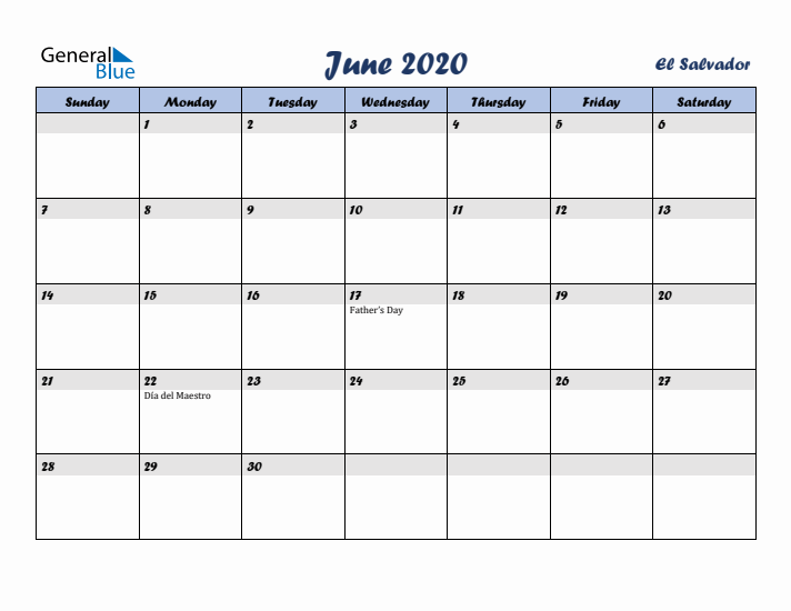 June 2020 Calendar with Holidays in El Salvador