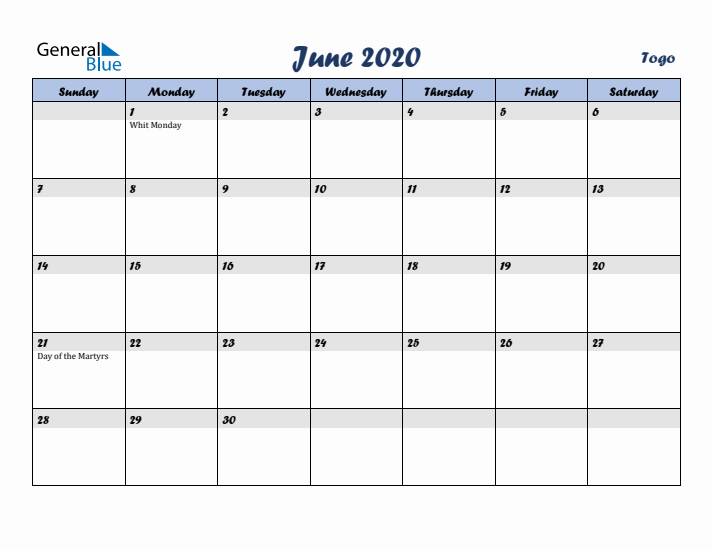 June 2020 Calendar with Holidays in Togo