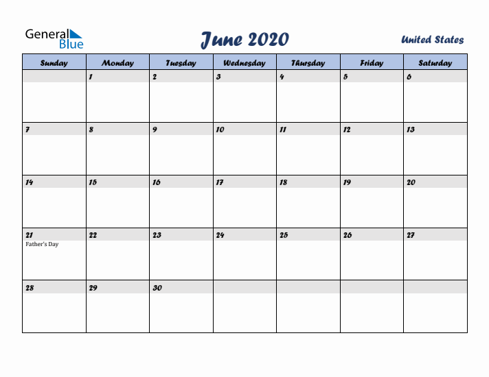 June 2020 Calendar with Holidays in United States