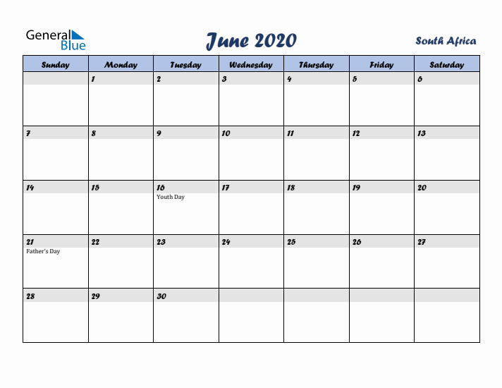 June 2020 Calendar with Holidays in South Africa