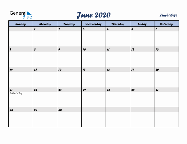 June 2020 Calendar with Holidays in Zimbabwe