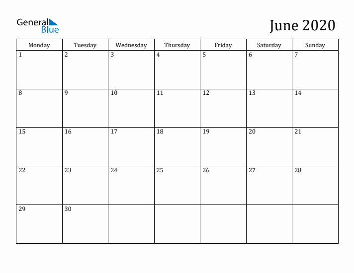 June 2020 Calendar