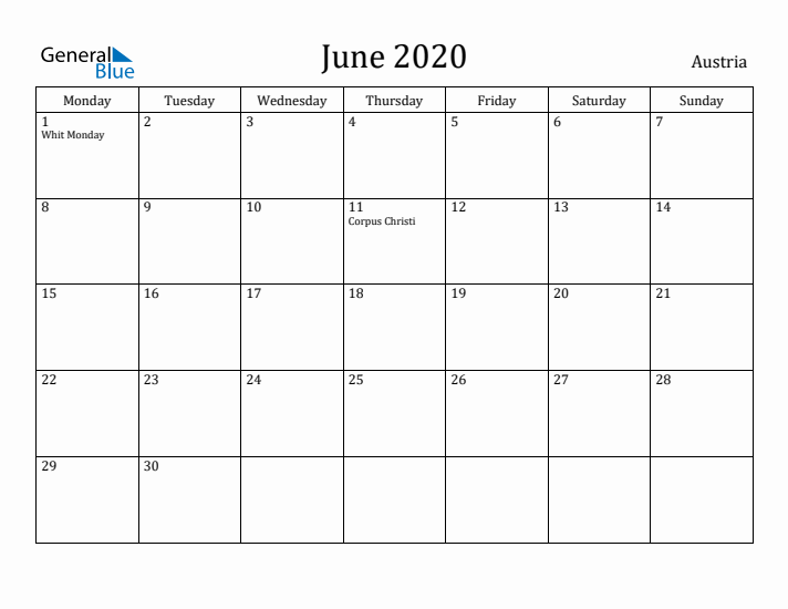 June 2020 Calendar Austria