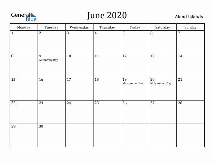 June 2020 Calendar Aland Islands