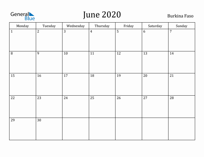 June 2020 Calendar Burkina Faso