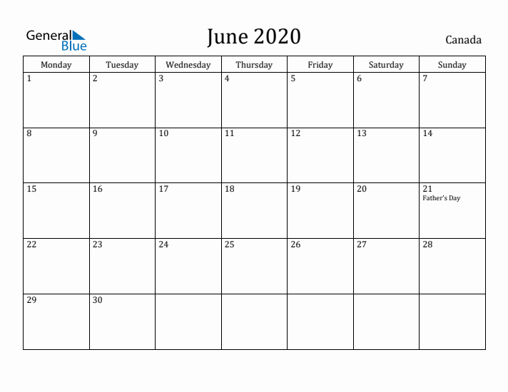 June 2020 Calendar Canada