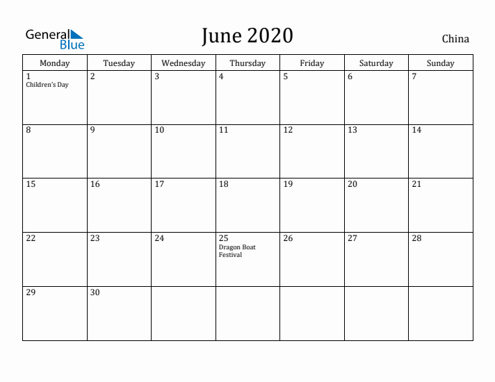 June 2020 Calendar China