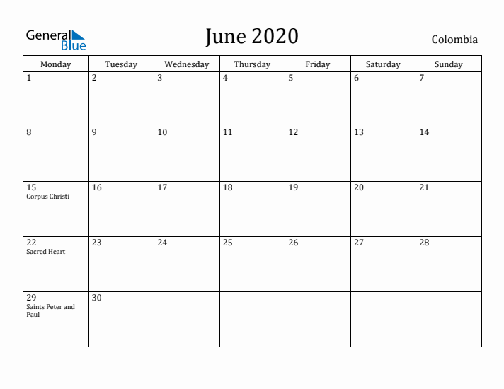 June 2020 Calendar Colombia