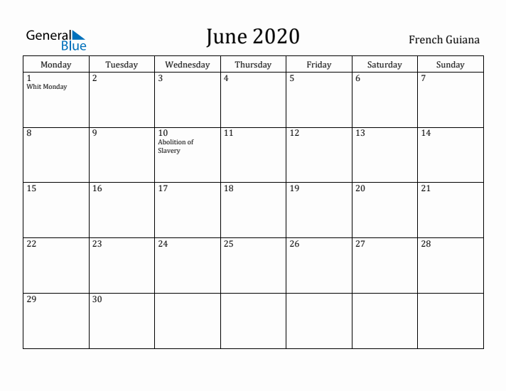 June 2020 Calendar French Guiana