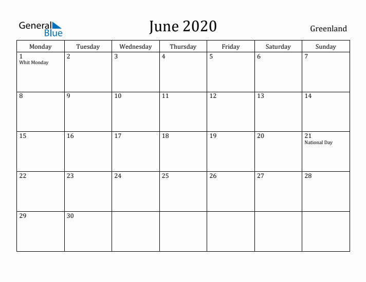 June 2020 Calendar Greenland