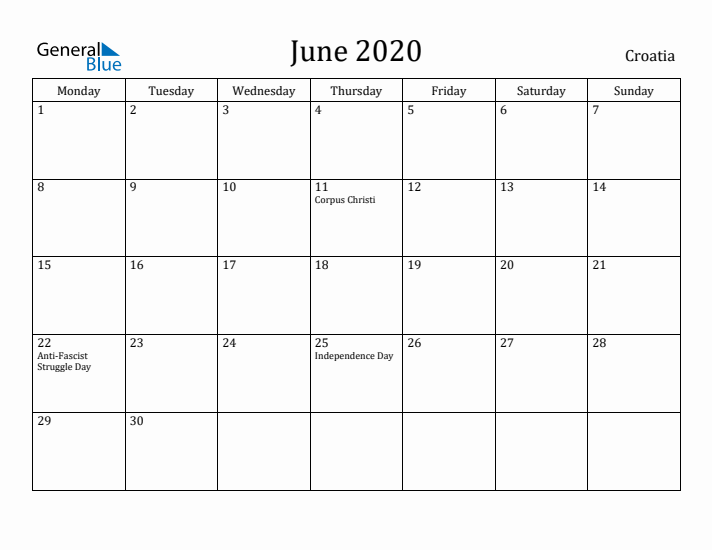 June 2020 Calendar Croatia