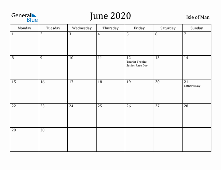 June 2020 Calendar Isle of Man