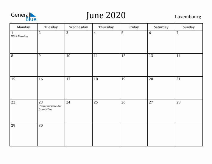 June 2020 Calendar Luxembourg