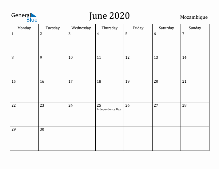 June 2020 Calendar Mozambique