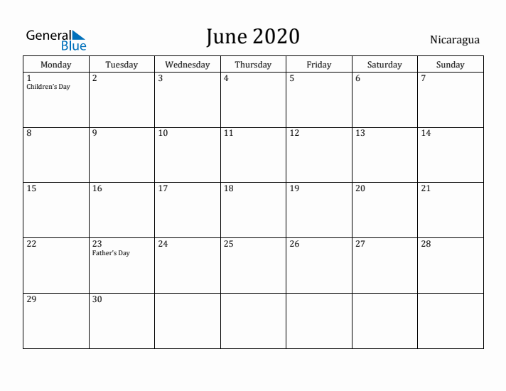 June 2020 Calendar Nicaragua