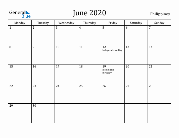 June 2020 Calendar Philippines