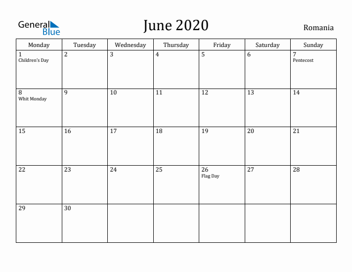 June 2020 Calendar Romania