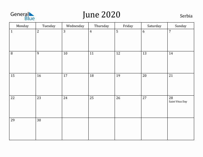 June 2020 Calendar Serbia