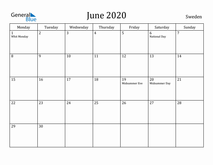 June 2020 Calendar Sweden