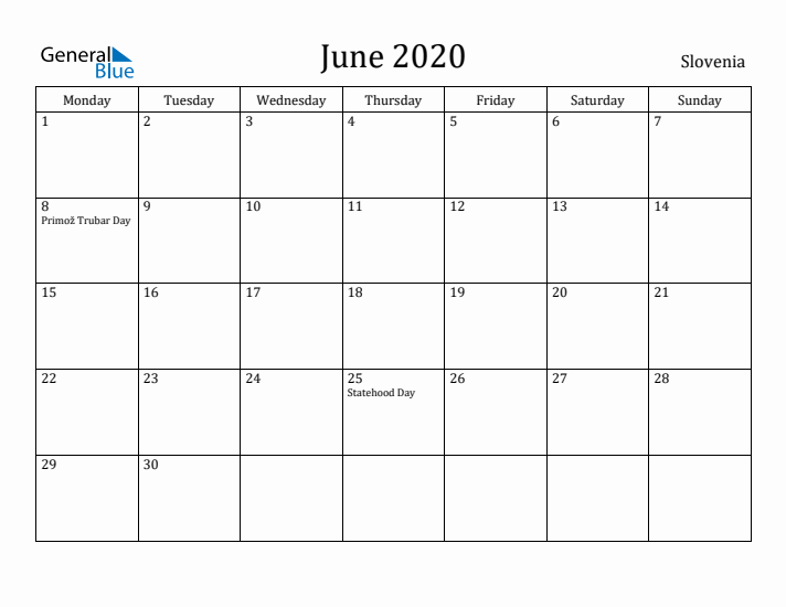 June 2020 Calendar Slovenia