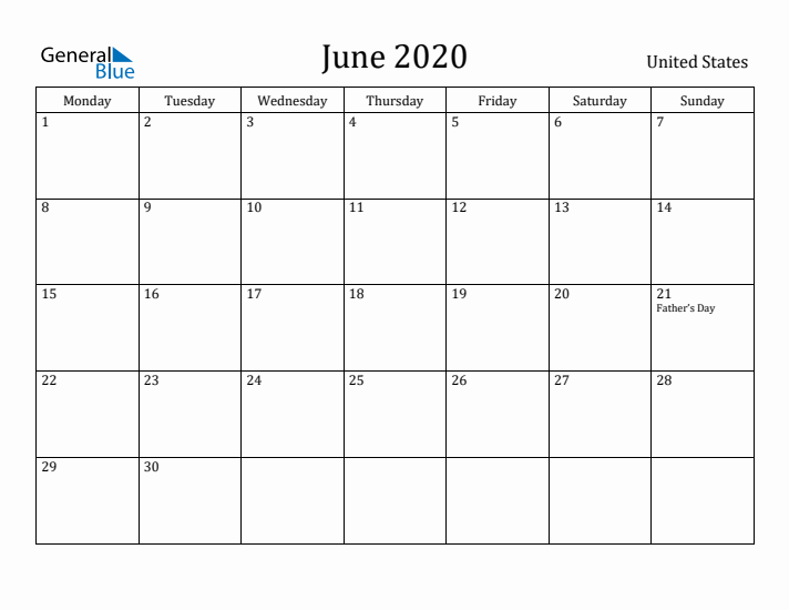 June 2020 Calendar United States