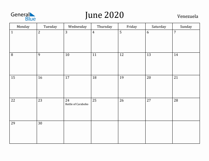 June 2020 Calendar Venezuela