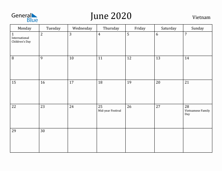 June 2020 Calendar Vietnam