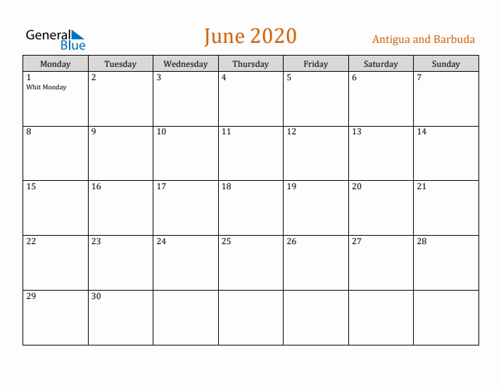 June 2020 Holiday Calendar with Monday Start