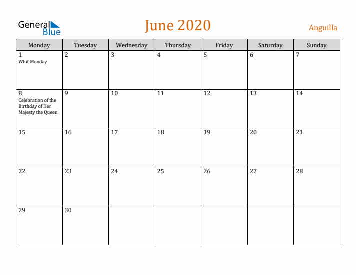 June 2020 Holiday Calendar with Monday Start