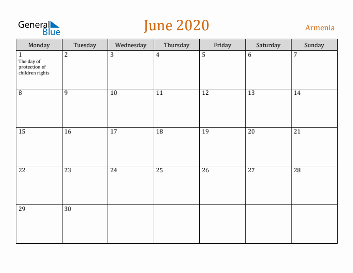 June 2020 Holiday Calendar with Monday Start