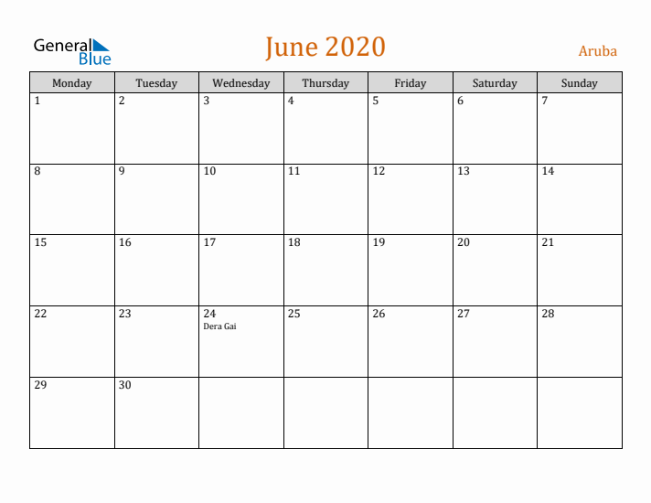 June 2020 Holiday Calendar with Monday Start